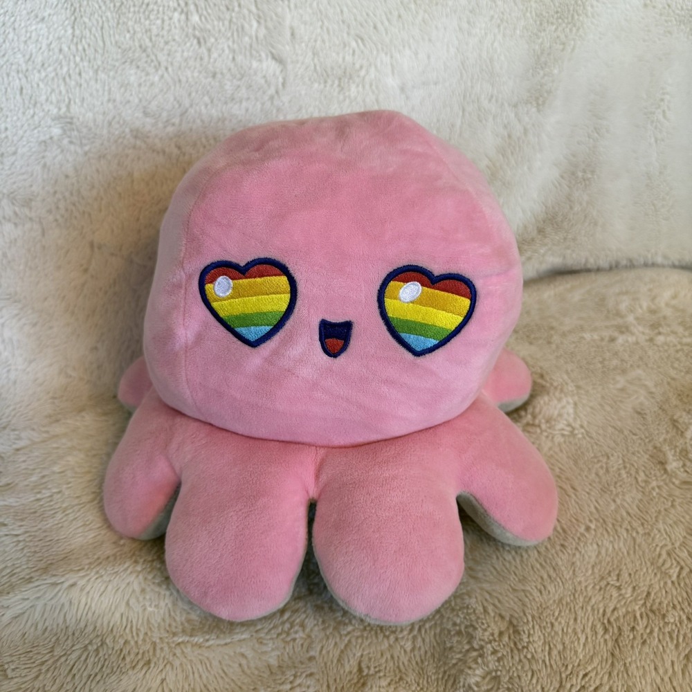 TeeTurtle Reversible Octopus Plushie Rainbow Heart Eyes Pink - Gray